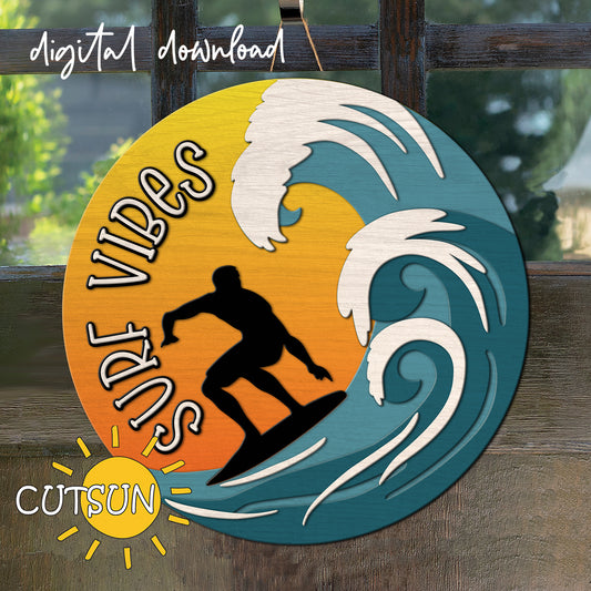 Decorative sign with a surfer and waves design, featuring the brand 'CUTSUN'.