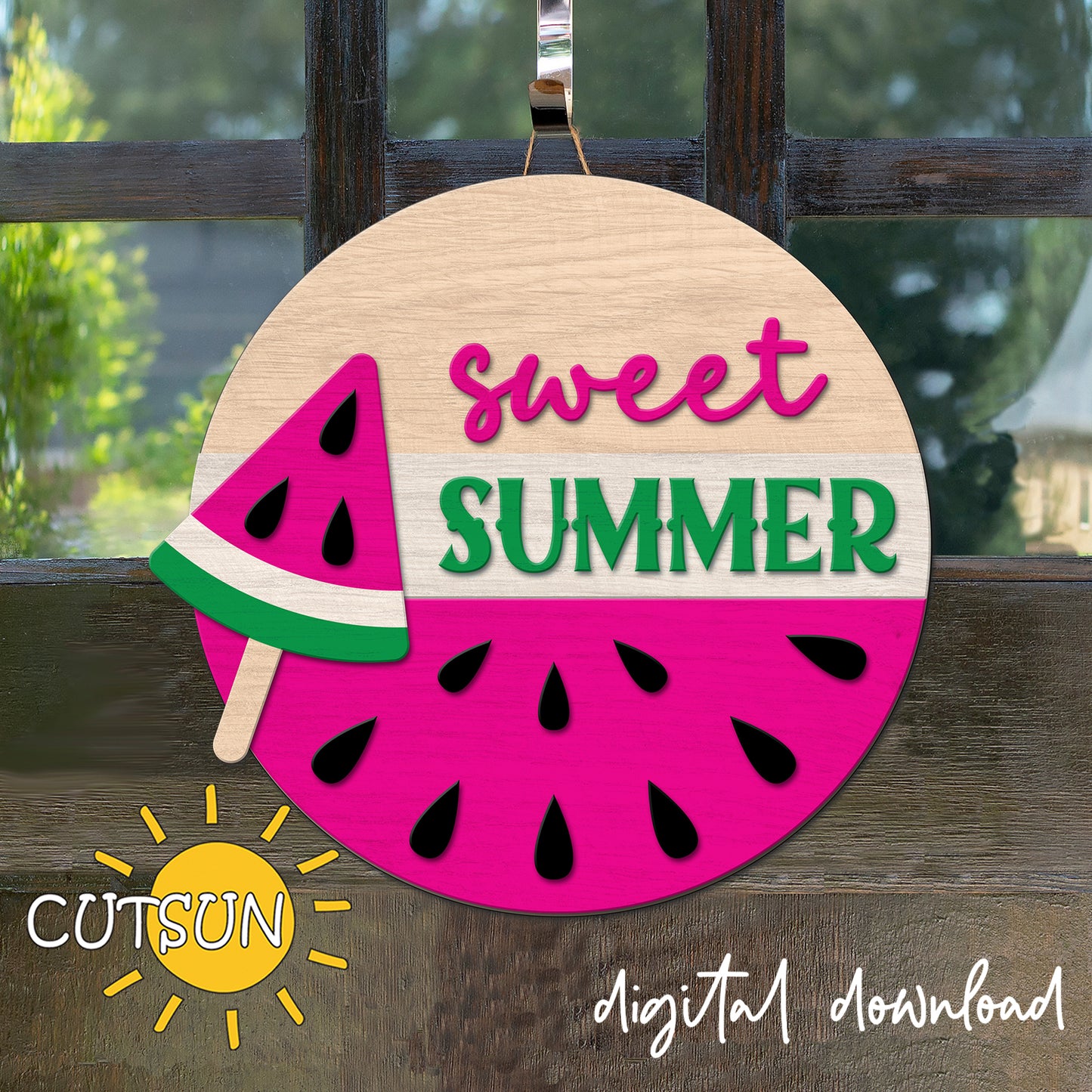 Watermelon door hanger SVG Summer door hanger Welcome sign SVG Laser cut files Hello summer svg Popsicle svg Glowforge svg file