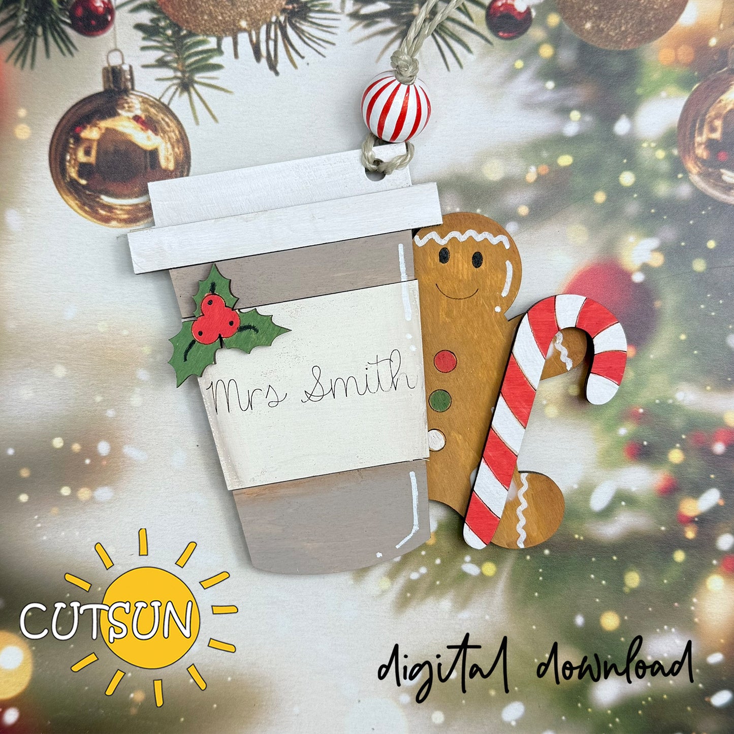 Teacher Ornament SVG – Latte Cup & Gingerbread Boy with Candy Cane | Christmas Laser Cut File