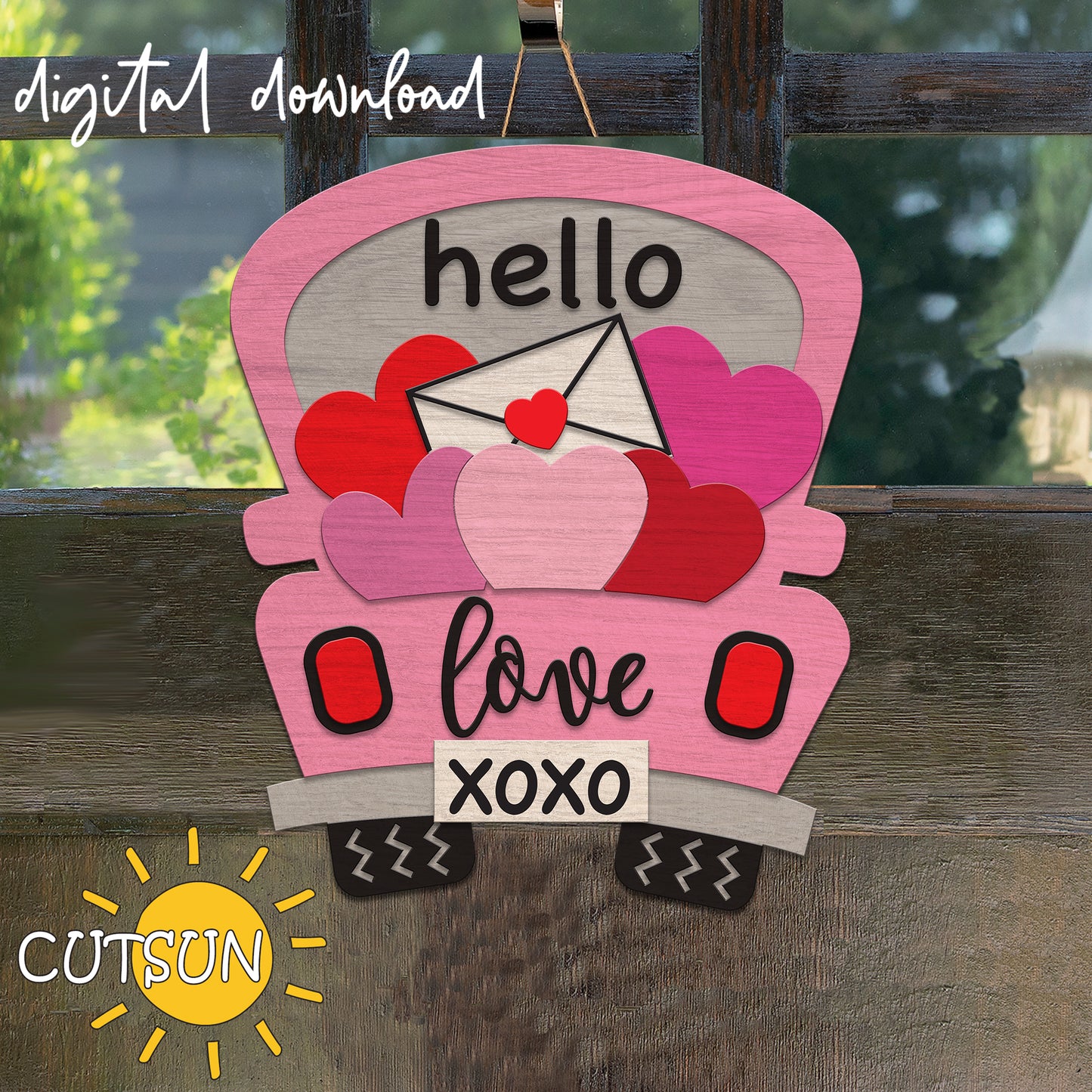 Decorative sign with hearts and text on a wooden background, featuring the brand 'CUTSUN'.