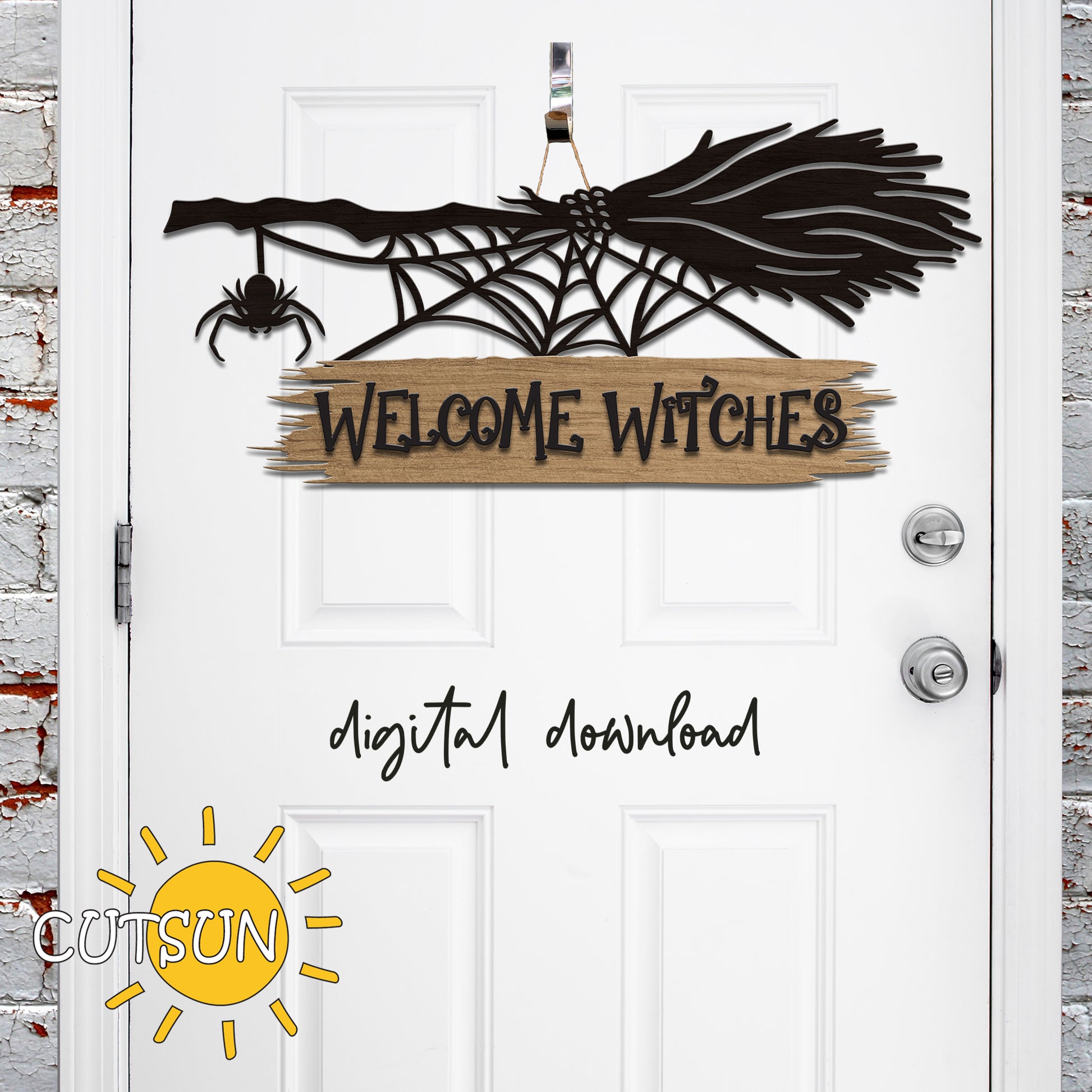 A digital door hanger with the text 'Welcome Witches' and an illustration of a broom with a spider web. The hanger is black with a natural wood background and has a 'Digital Download' label at the bottom.
