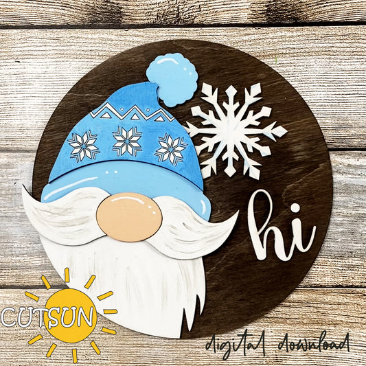 Digital download for a round interchangeable door hanger featuring a gnome with a winter hat and a snowflake.