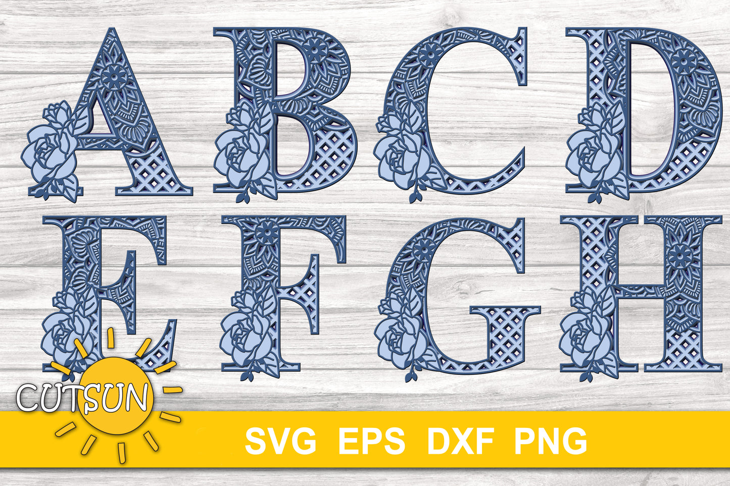 Layered Alphabet | Layered floral alphabet with Mandala elements | Laser cut file