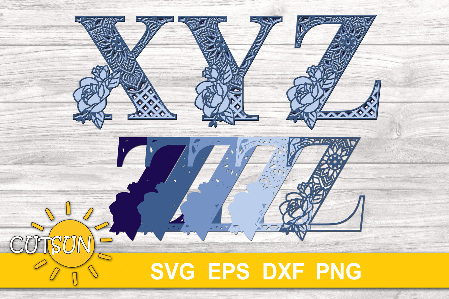 Layered Alphabet | Layered floral alphabet with Mandala elements | Laser cut file