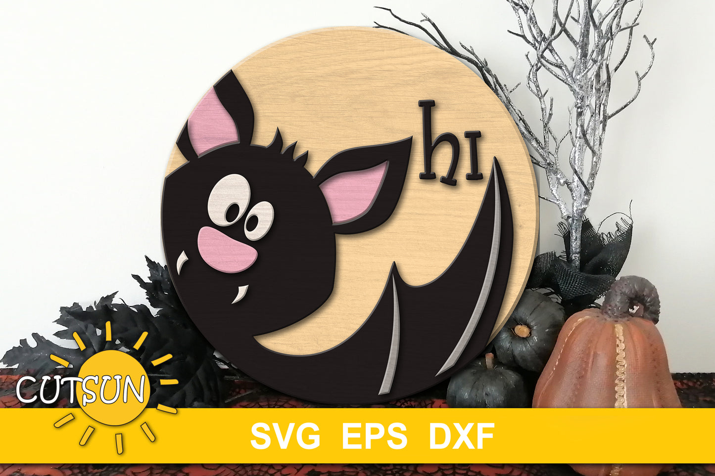 Bat Hi Halloween door hanger svg - laser cut file