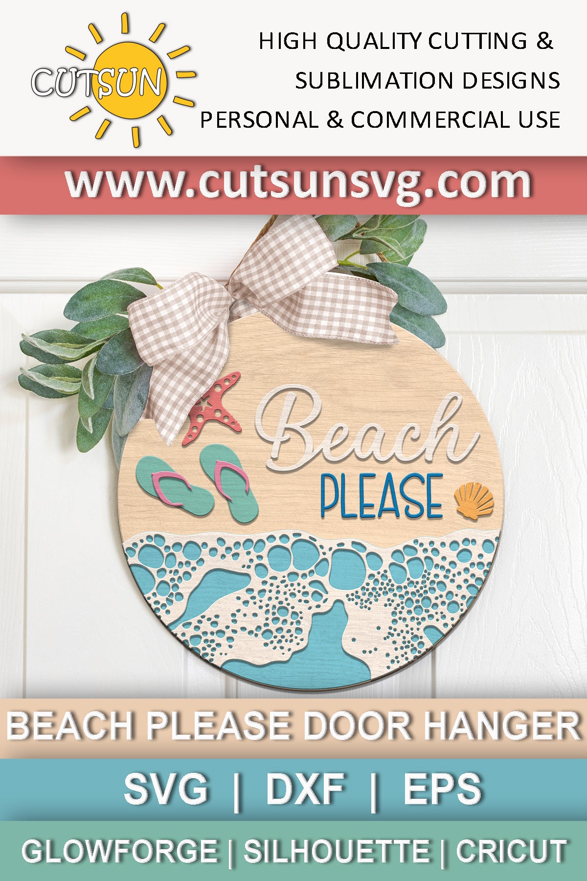 Layered beach door sign SVG with flip-flops, waves, starfish and “Beach Please” text – laser cut file for summer decor projects