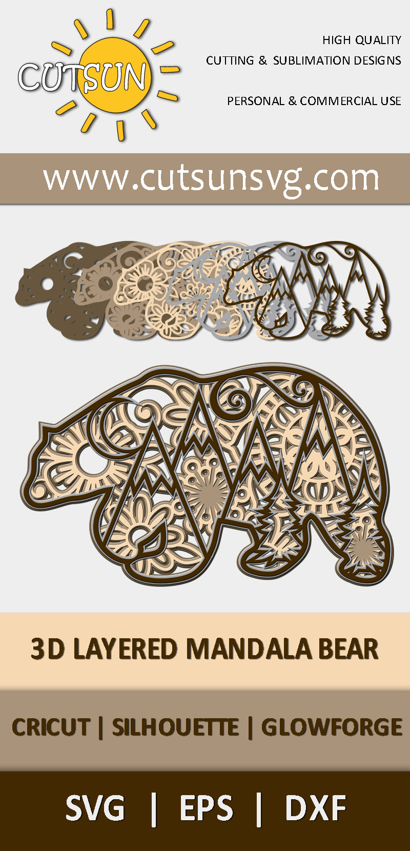 3D Layered Mandala Bear SVG | 5 Layer Laser Cut File | Wildlife Mandala SVG | Cricut svg