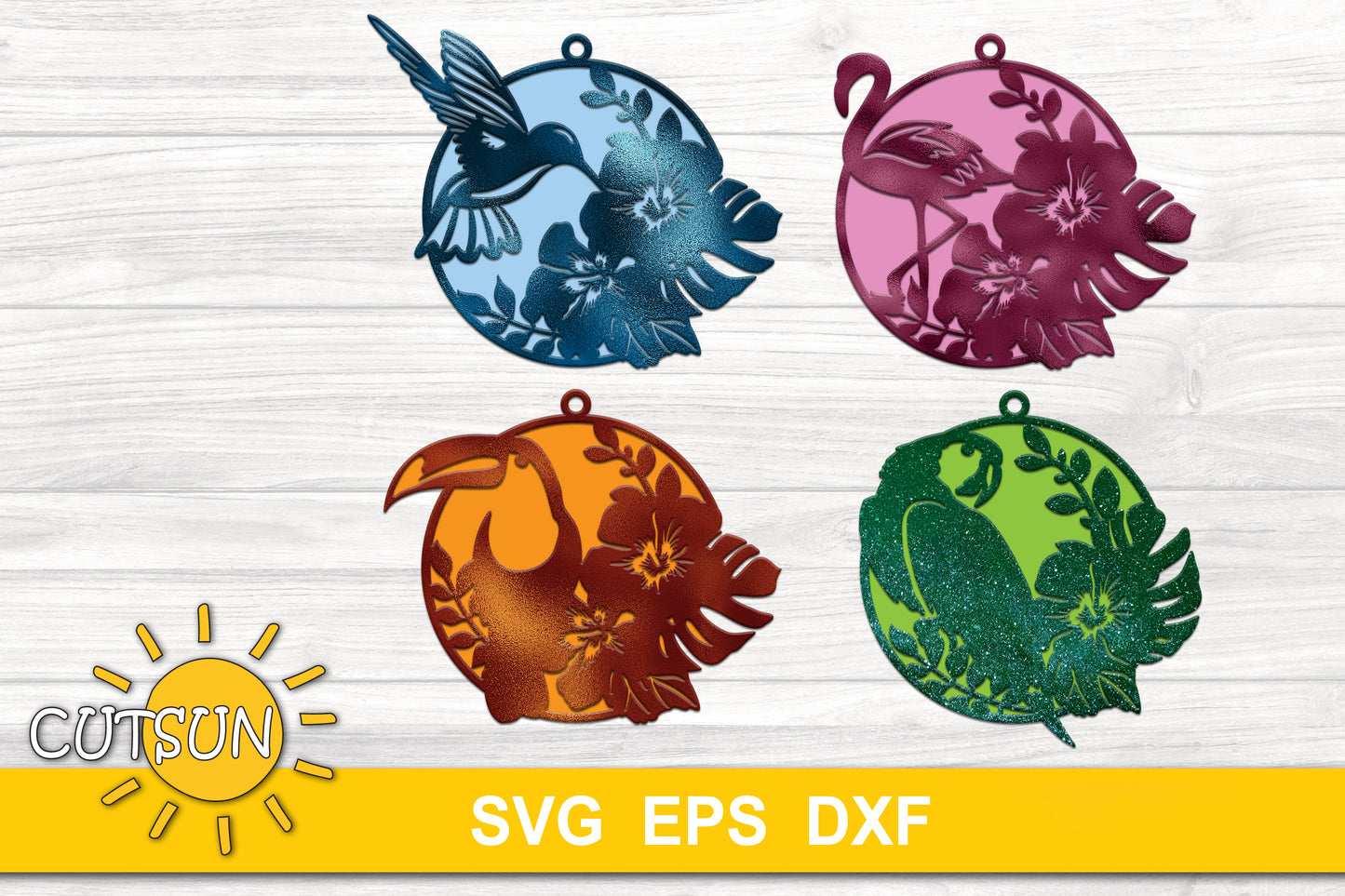 Tropical birds Christmas ornaments SVG bundle