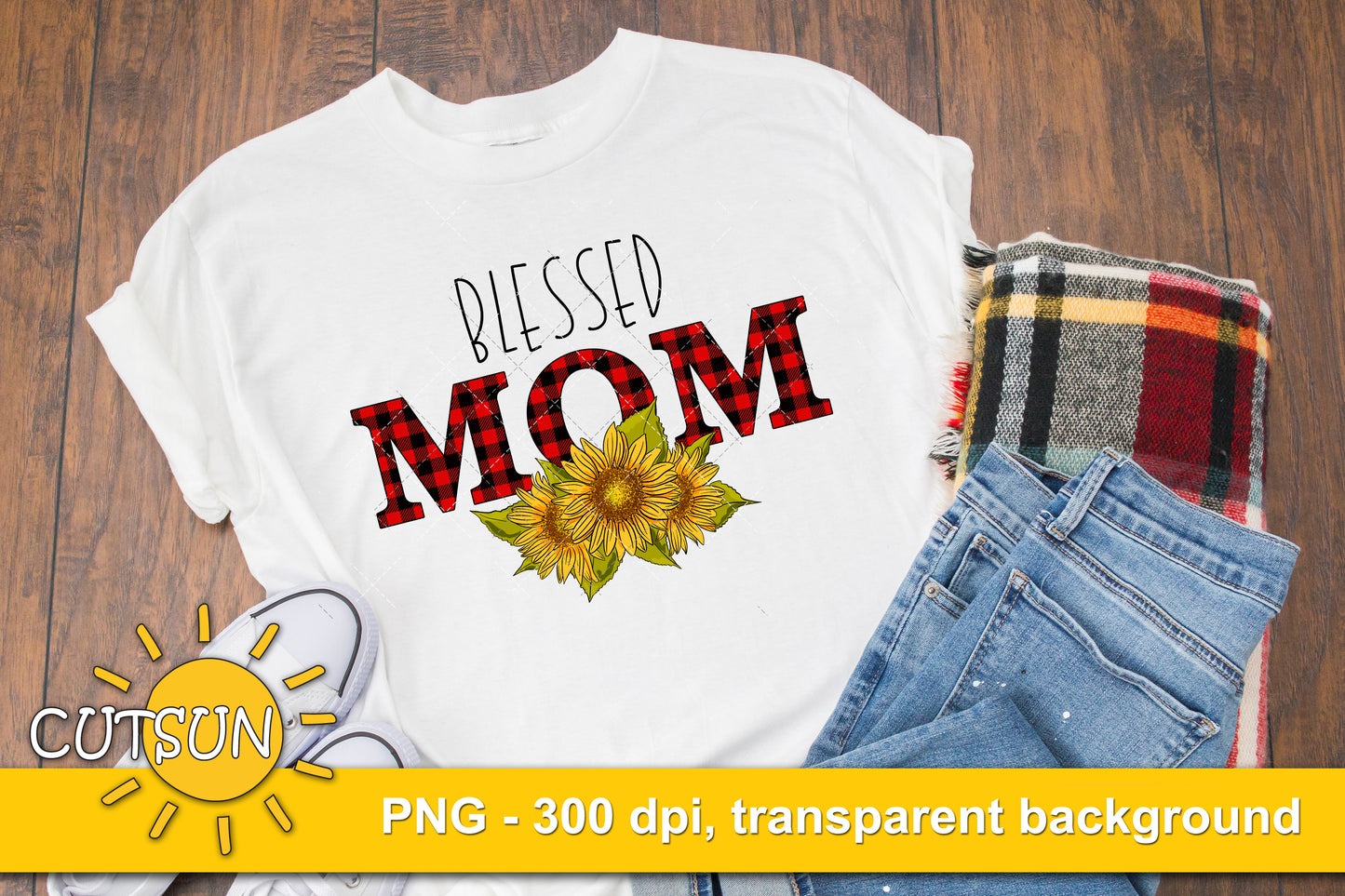 Blessed Mom Buffalo plaid Sunflowers sublimation