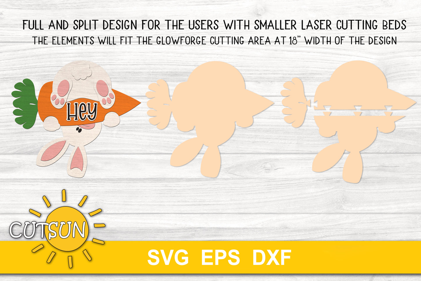 Easter Bunny Door Hanger SVG - Hanging Bunny with Carrot and "Hey" Laser Cut File