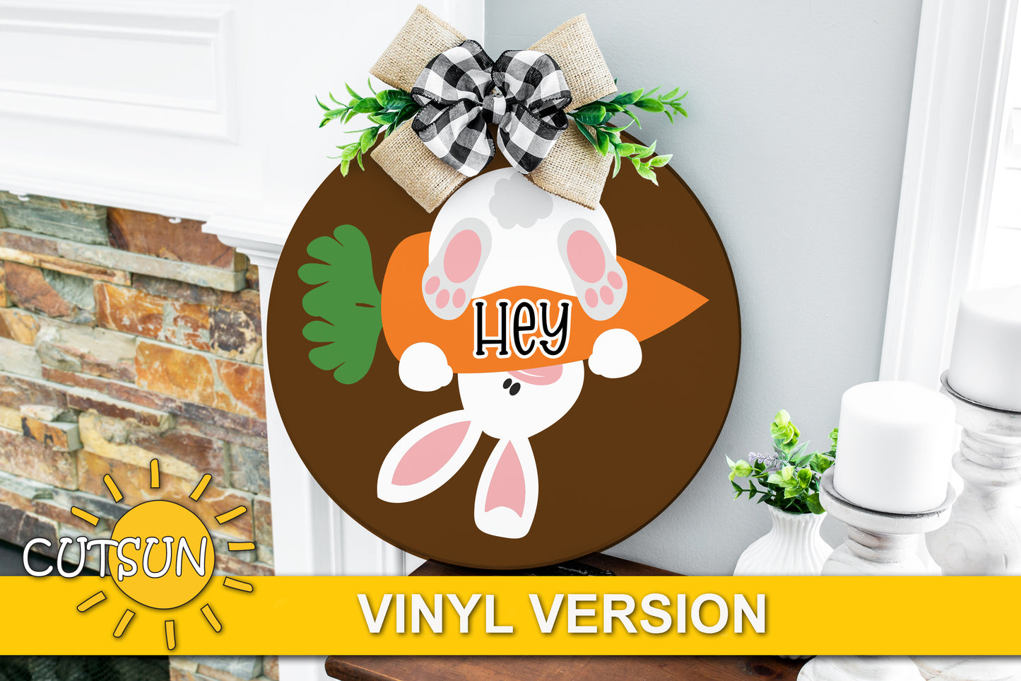 Easter Bunny Door Hanger SVG - Hanging Bunny with Carrot and "Hey" Laser Cut File