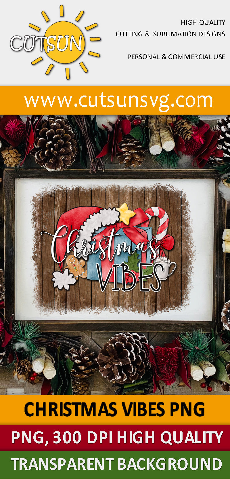 Christmas sublimation design Christmas Vibes Wood background