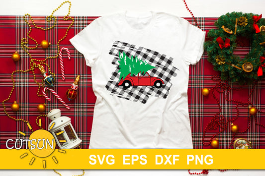 Christmas Car on a Plaid background SVG
