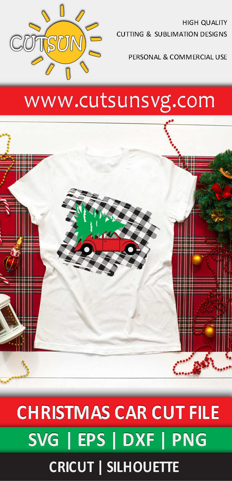 Christmas Car on a Plaid background SVG