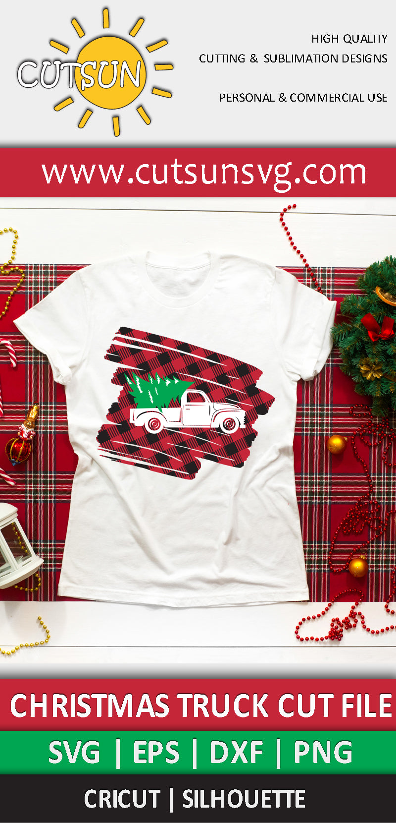 Christmas Truck on a Buffalo Plaid background SVG