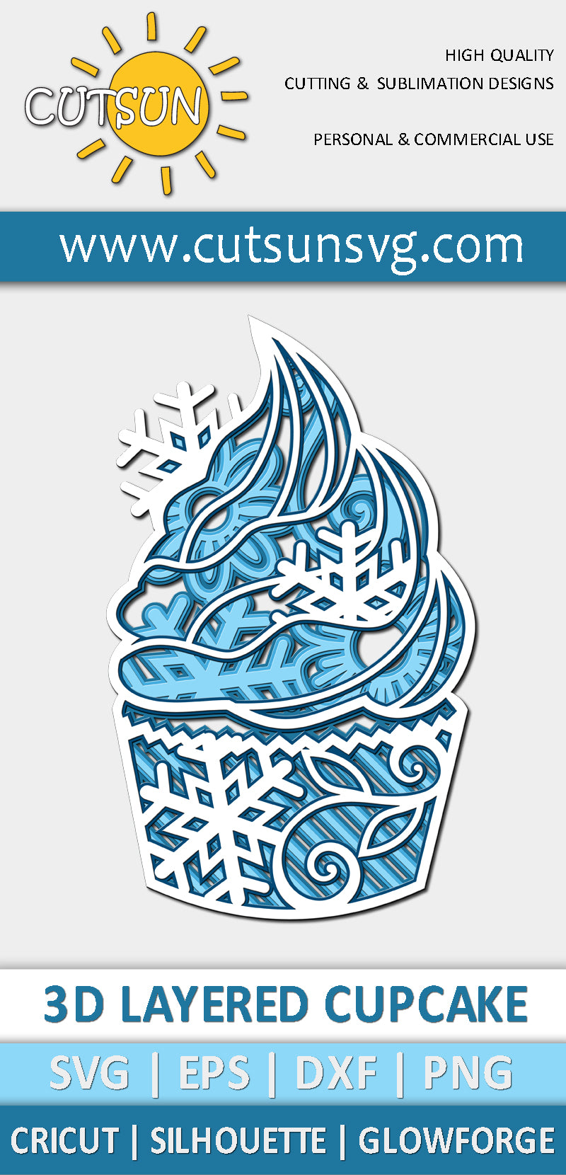 3D Layered Cupcake SVG with Snowflakes