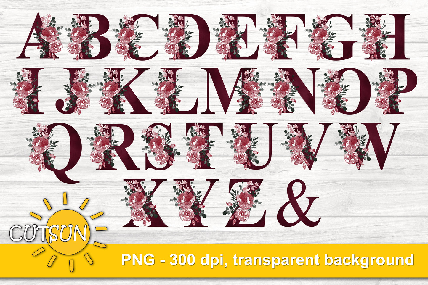 Deep Red Floral Alphabet PNG bundle