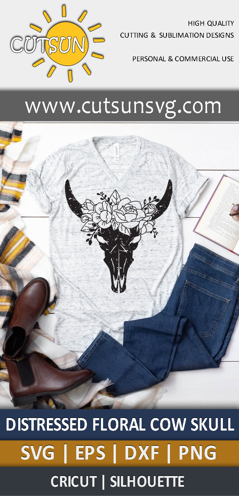 Distressed Floral Cow Skull SVG