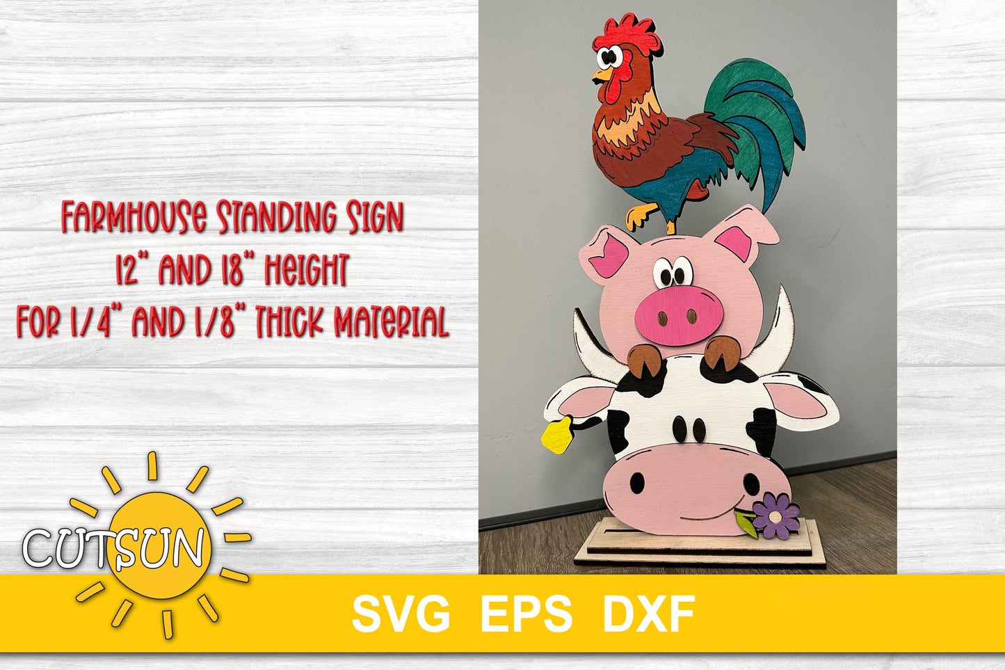 Farmhouse standing sign SVG | Cow, pig and rooster standing sign