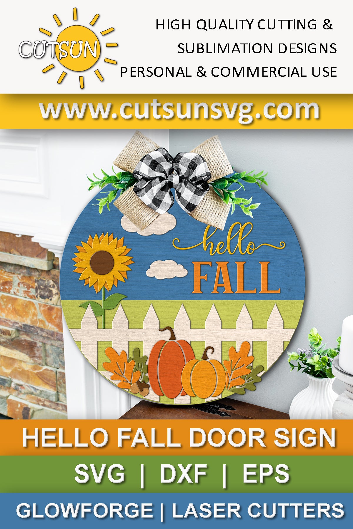 Hello Fall Round sign SVG | Hello Fall Door hanger SVG Laser cut file