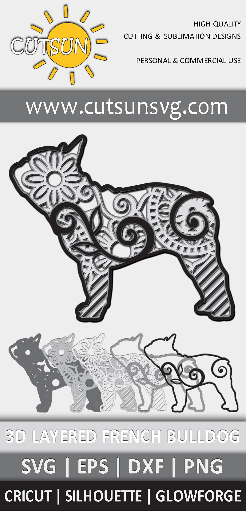 3D Layered French Bulldog SVG