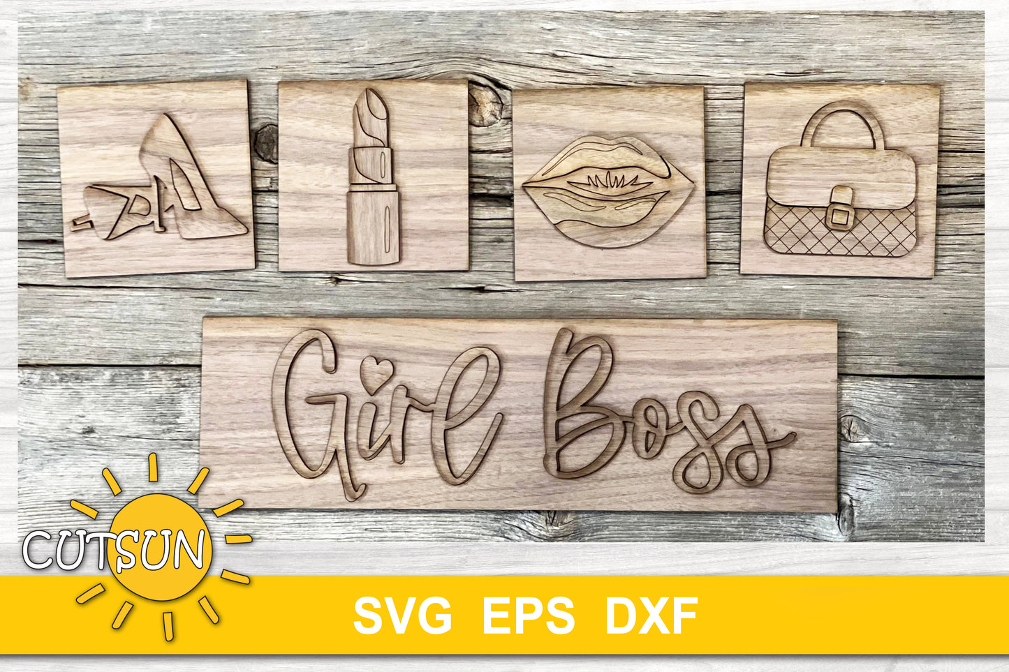Girl Boss Leaning Sign SVG Bundle – Feminine Empowerment Designs with Heels, Lipstick, Purse & Lips for Interchangeable Backers | Laser Cut File