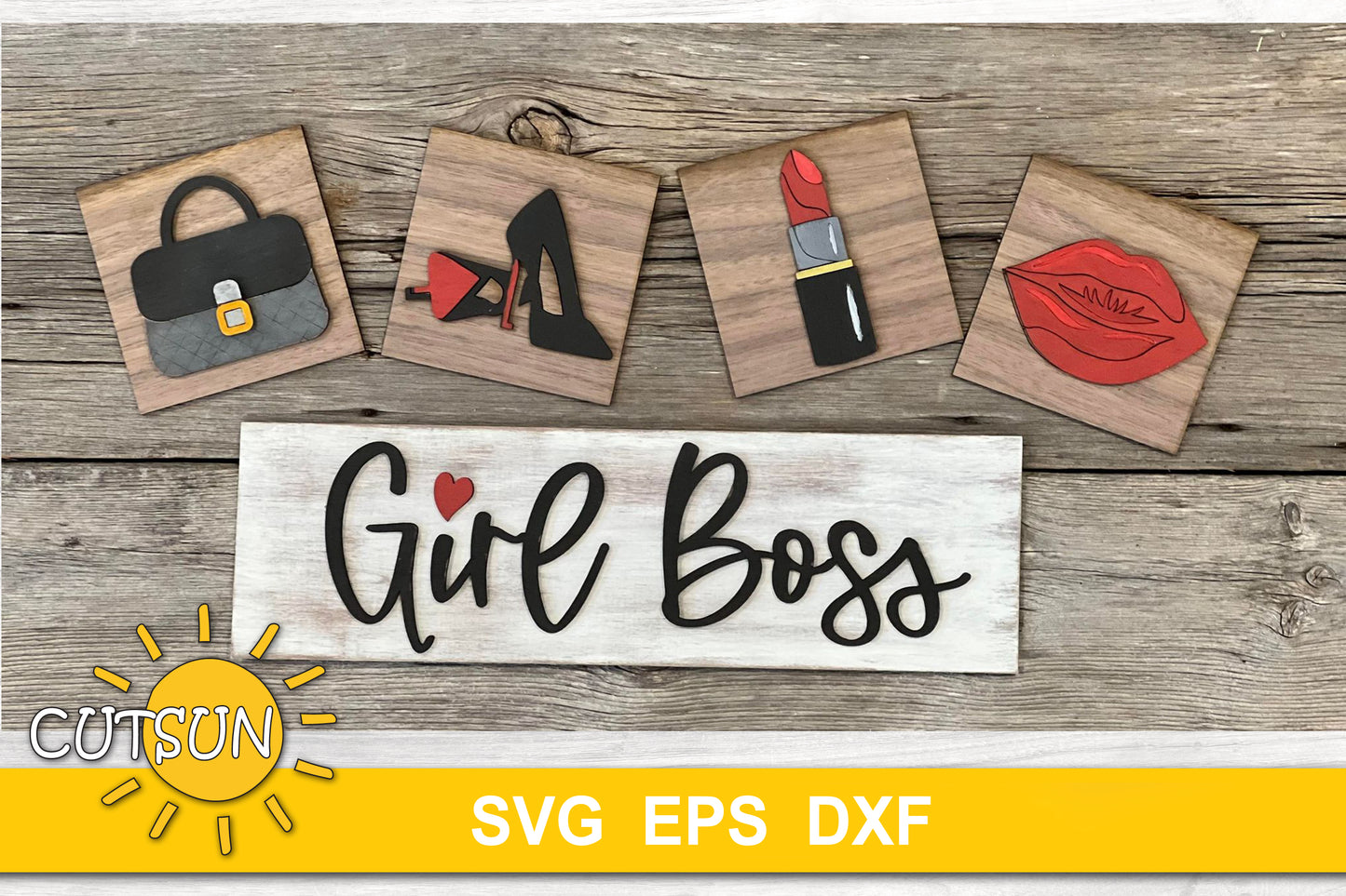 Girl Boss Leaning Sign SVG Bundle – Feminine Empowerment Designs with Heels, Lipstick, Purse & Lips for Interchangeable Backers | Laser Cut File