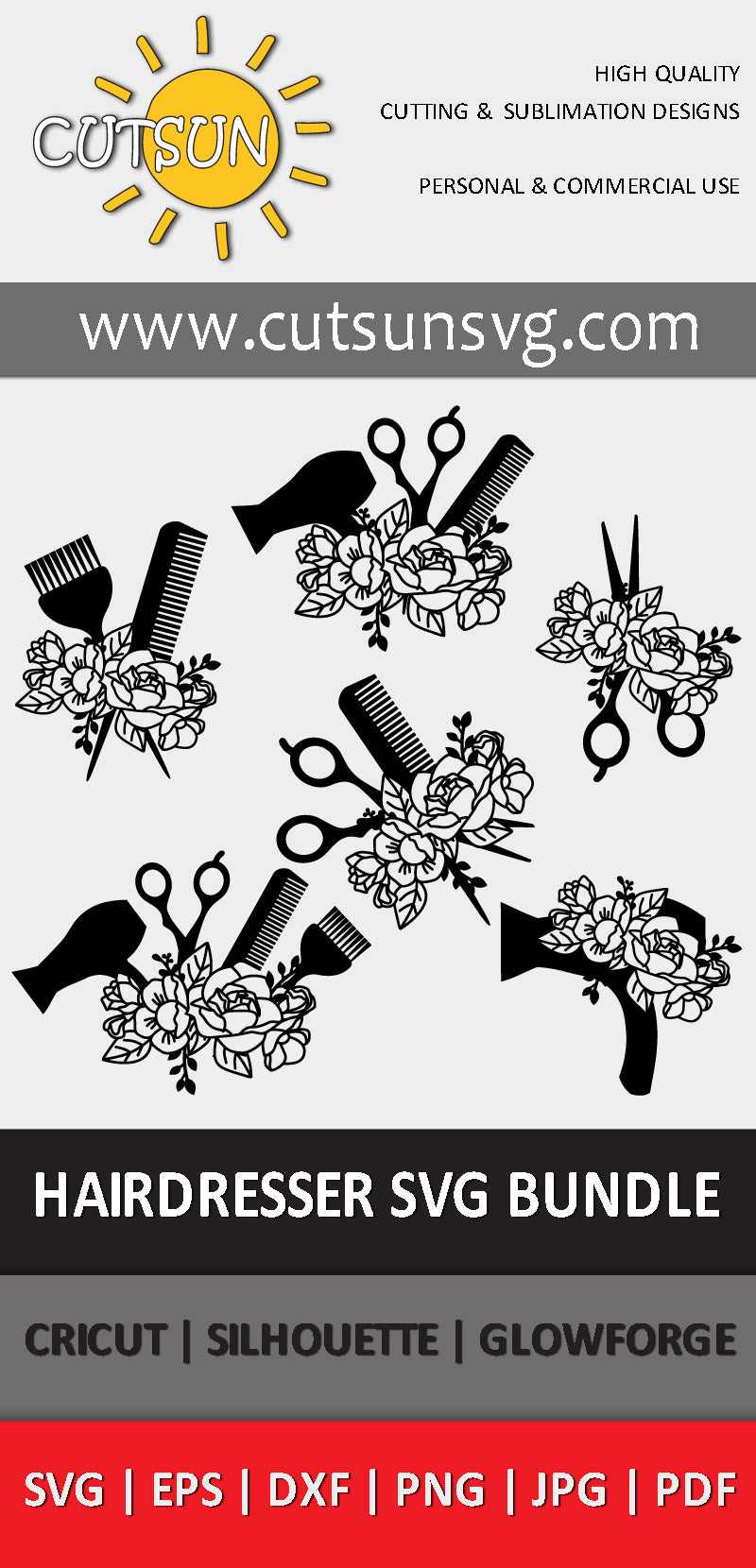 Hair Stylist SVG Bundle | Floral Hairdresser and Salon Tools SVG | Scissors, Blow Dryer and Hair Dryer Laser Cut Files