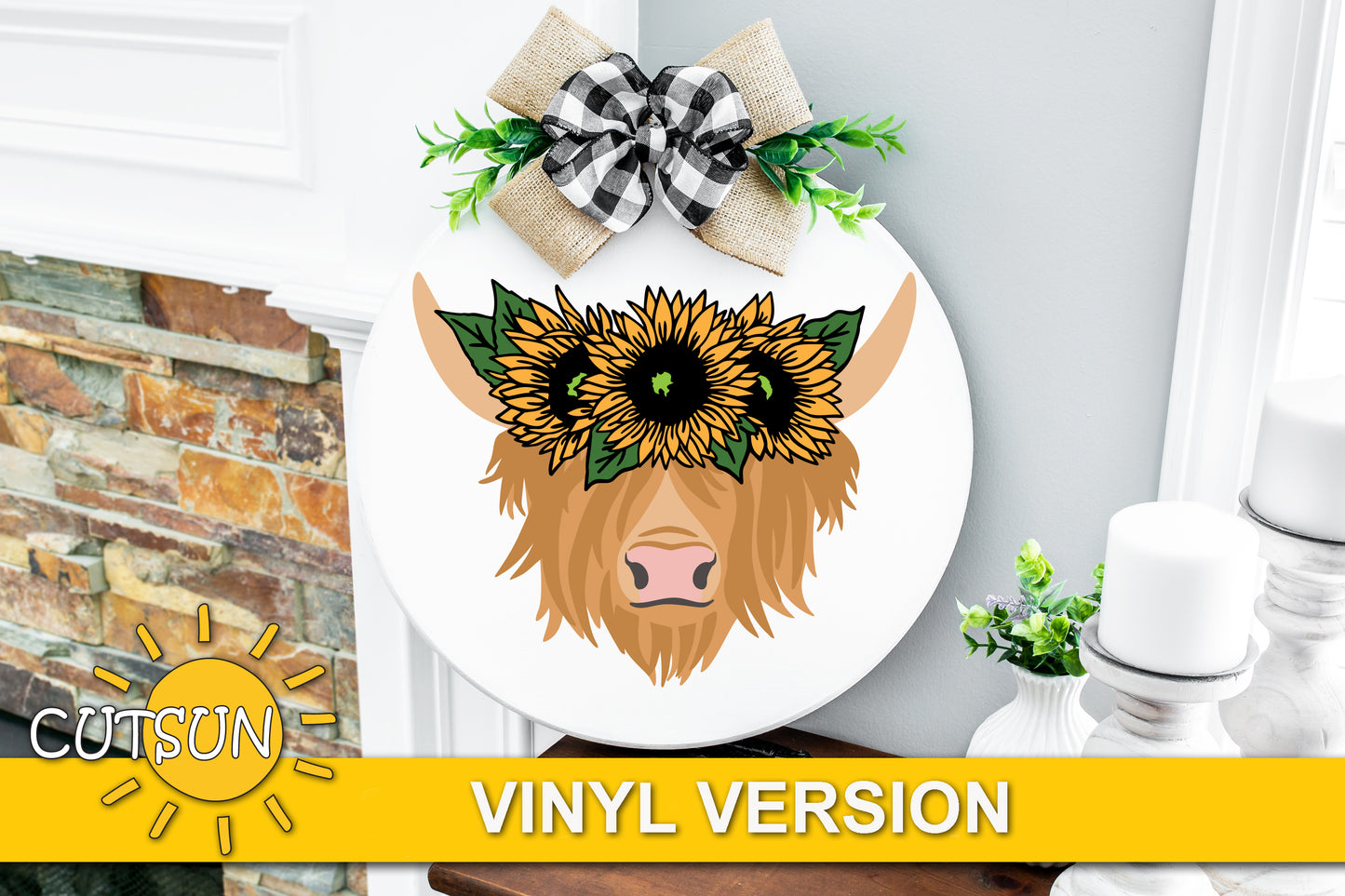 Highland cow with sunflowers door hanger SVG