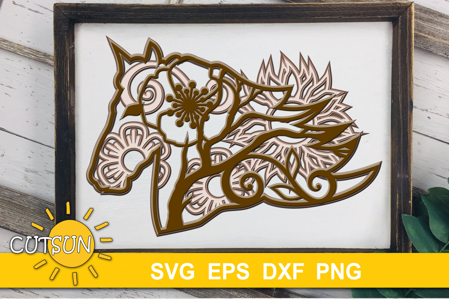 3D Layered Horse with flowers SVG
