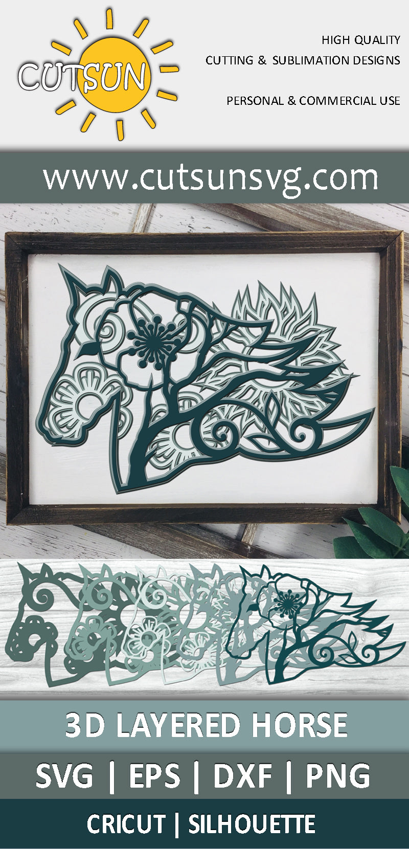 3D Layered Horse with flowers SVG