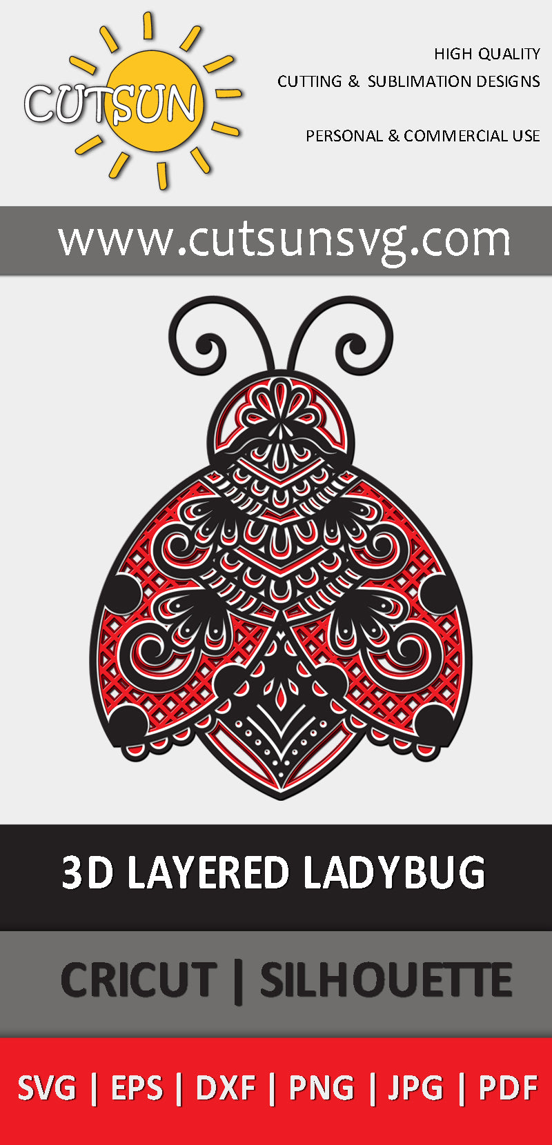 3D Layered Mandala Ladybug SVG | 4 Layers Cut File | Decorative Lady Bug Mandala SVG | Laser Cut File | Cricut svg