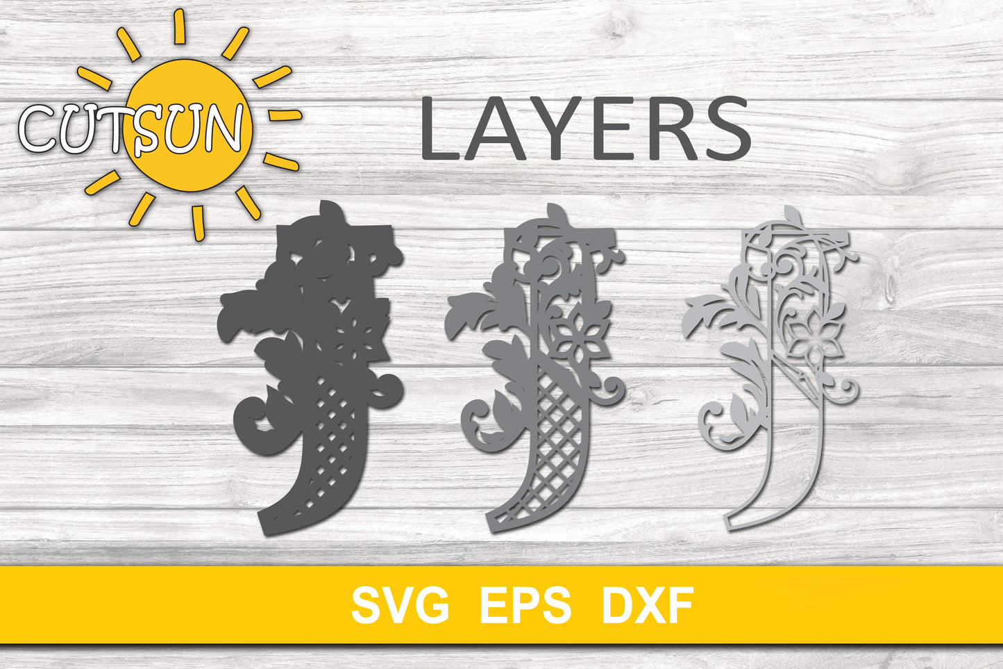 3D Alphabet Layered Mandala J - 3 layers cut file SVG