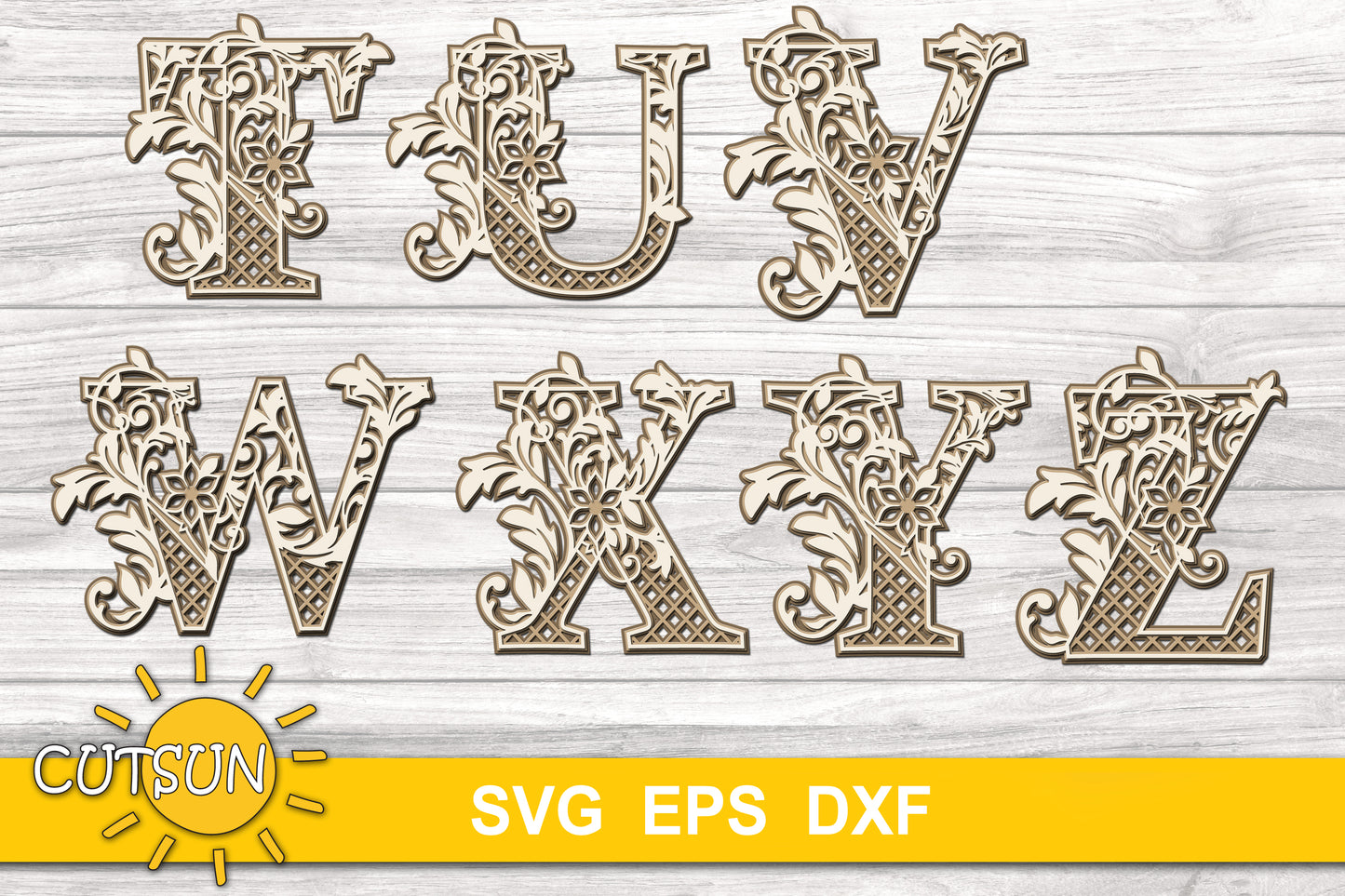 Decorative Layered Alphabet with scrolls SVG Bundle 26 letters