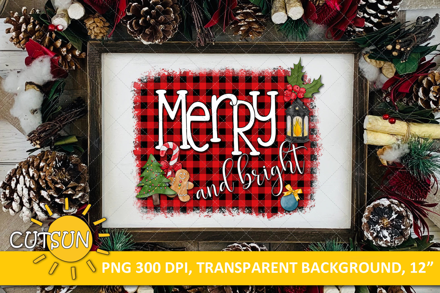 Merry And Bright Christmas sublimation design on a Buffalo plaid background