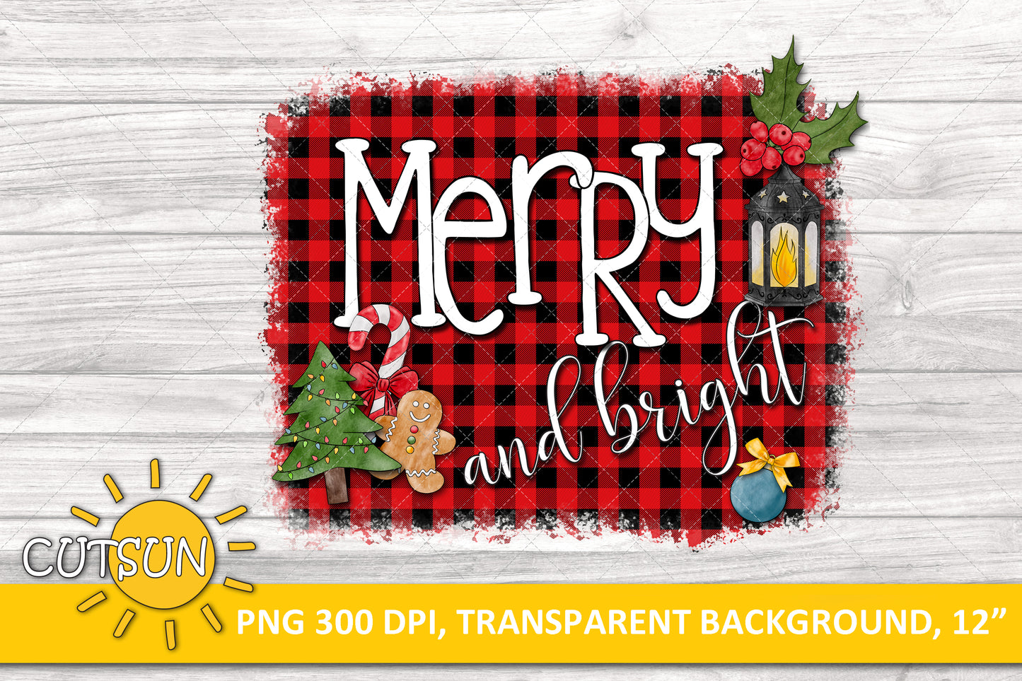 Merry And Bright Christmas sublimation design on a Buffalo plaid background