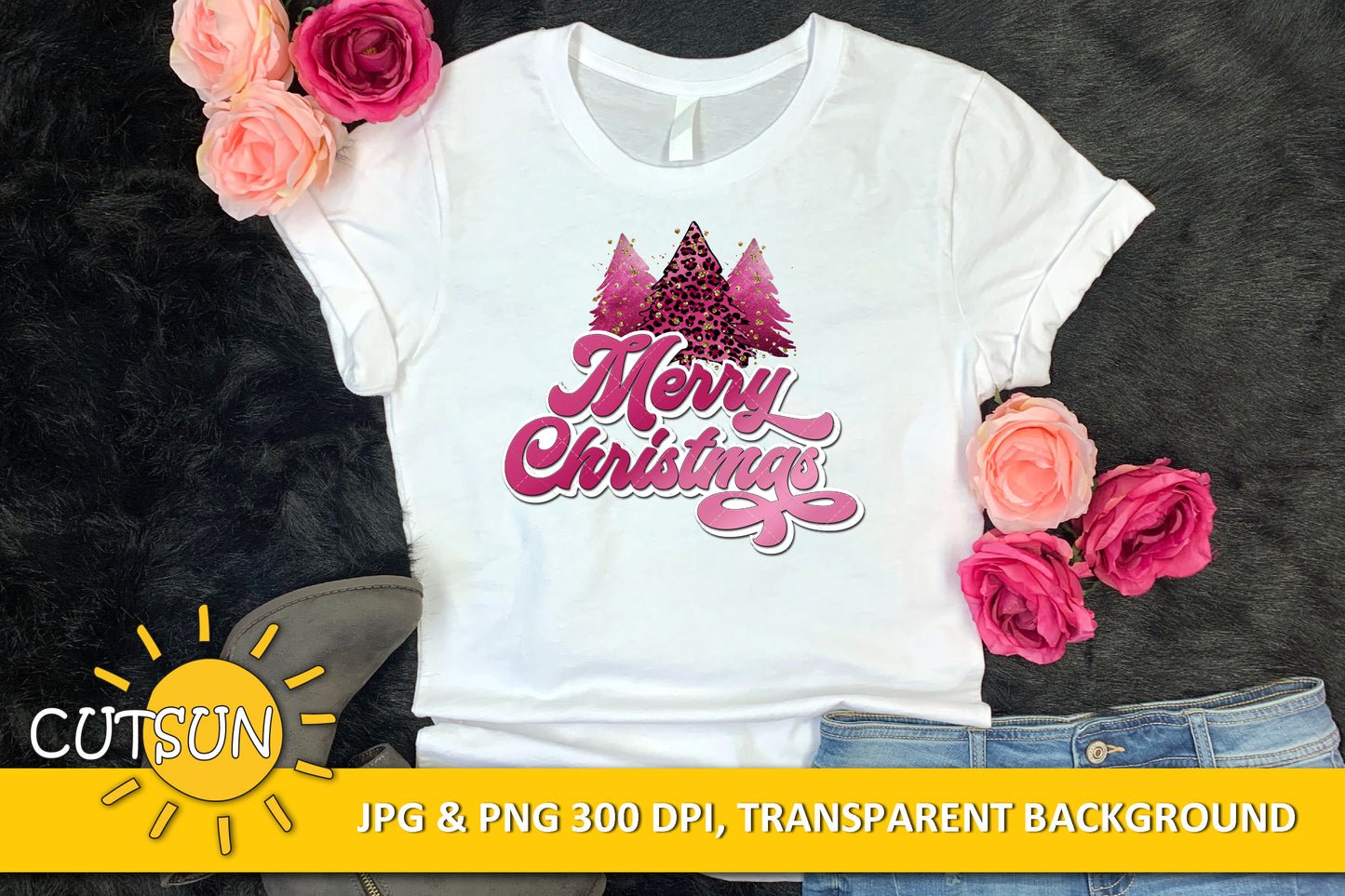 Merry Christmas sublimation design download Pink Glitter and Leopard