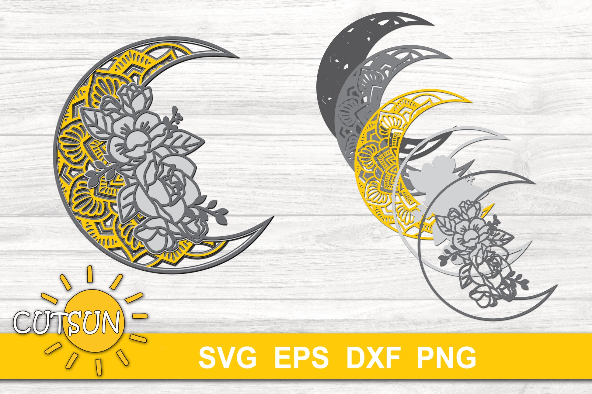 3D Layered Floral Moon SVG