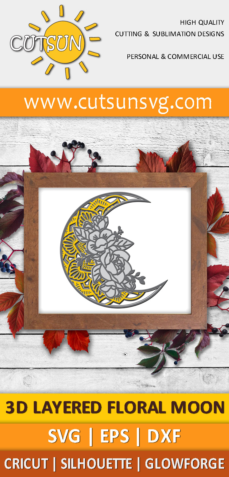 3D Layered Floral Moon SVG