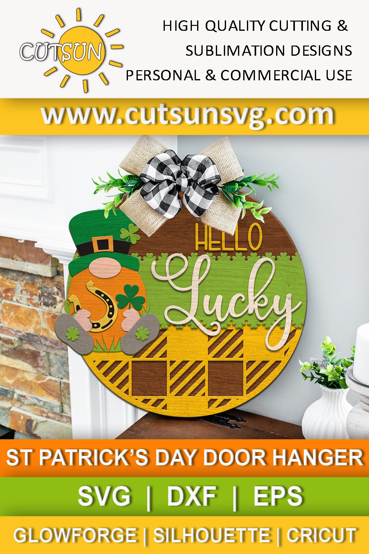 St Patrick's day Buffalo plaid door hanger SVG | St Patrick's day Gnome door hanger SVG | Glowforge ready SVG | Laser cut file