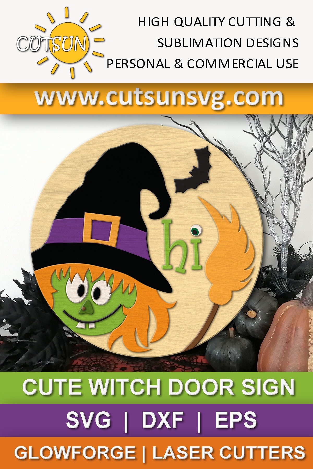 Cute witch Halloween door hanger svg - laser cut file