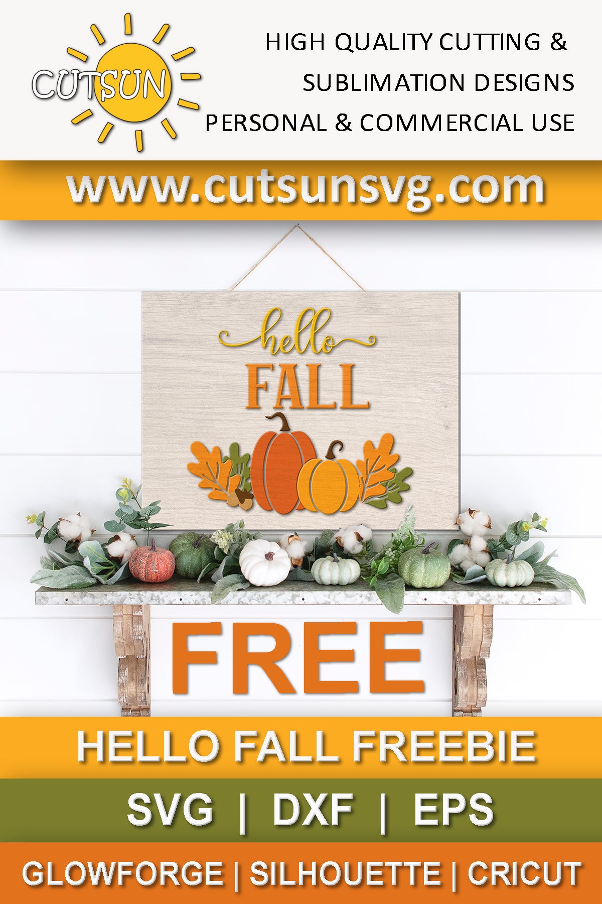 Hello Fall sign with pumpkins, leaves and acorns - FREE SVG