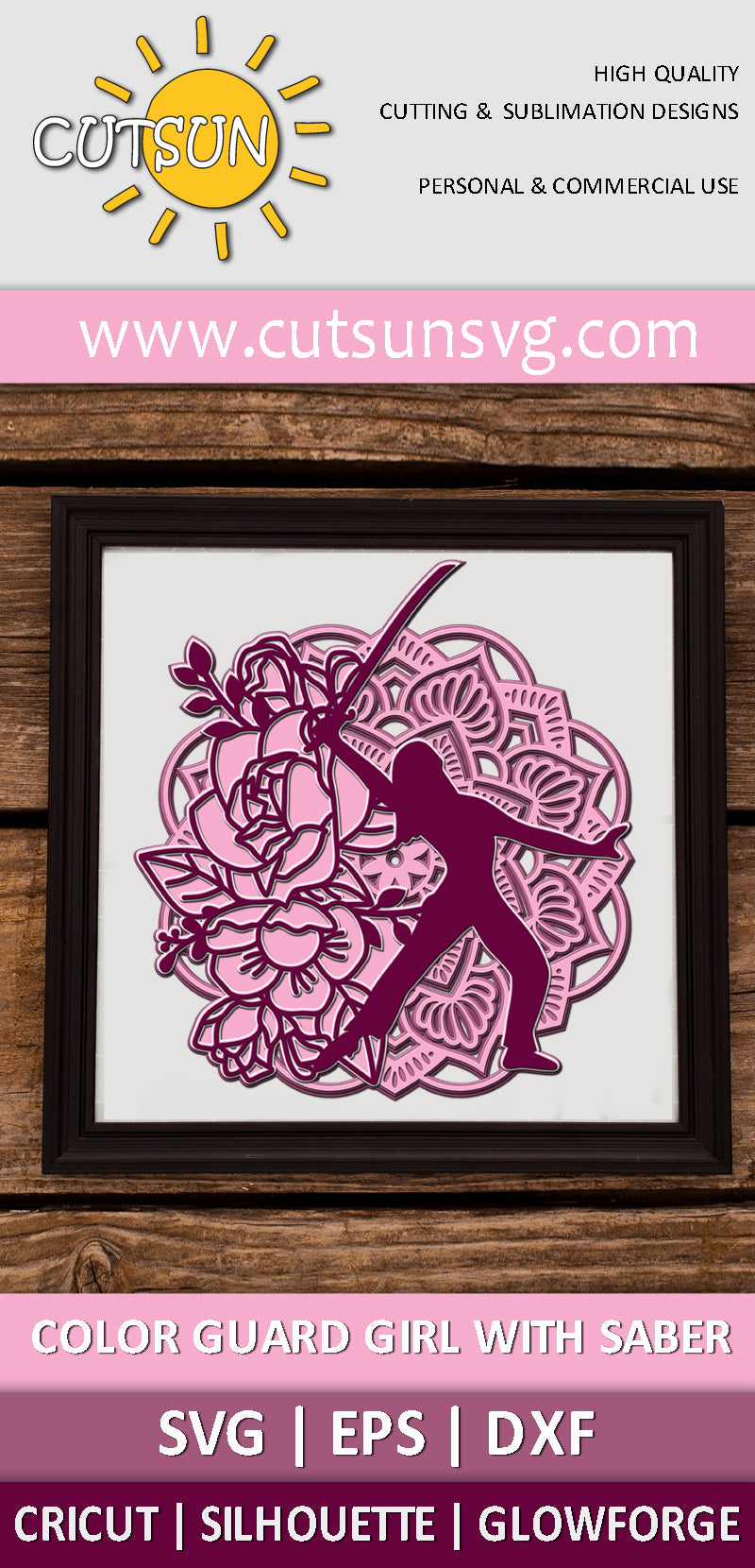 3D Layered Color Guard Girl with a Saber Mandala SVG