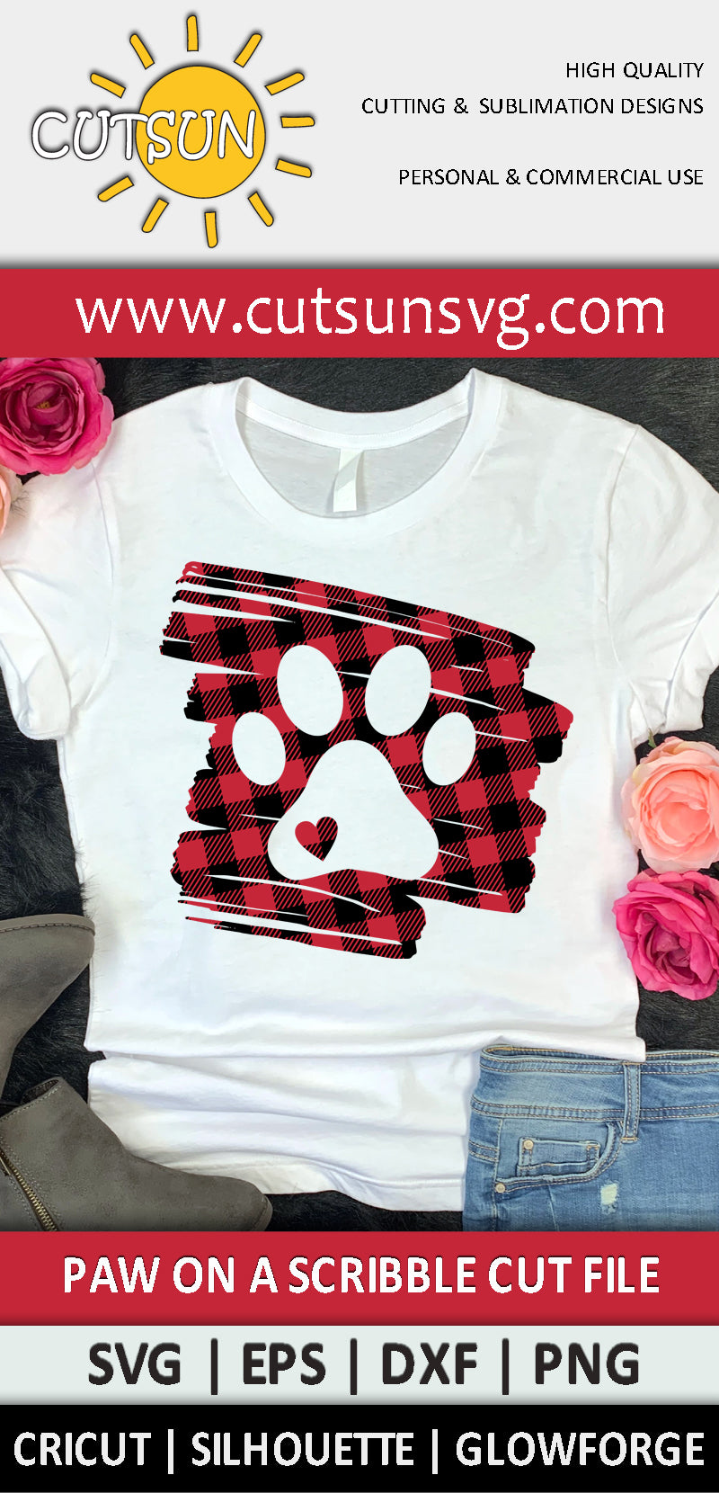 Paw Print on a Buffalo Plaid background