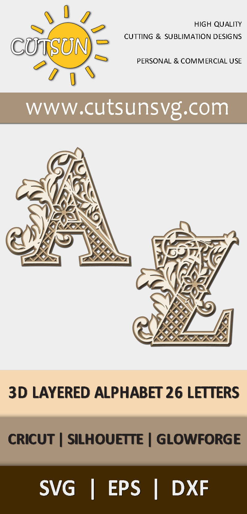 Decorative Layered Alphabet with scrolls SVG Bundle 26 letters
