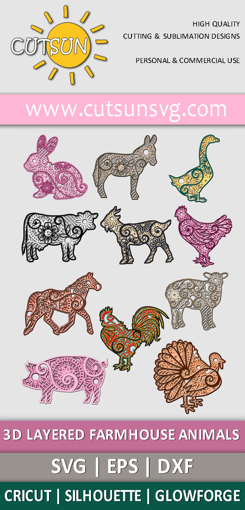 3D Layered Farmhouse Animals Bundle SVG