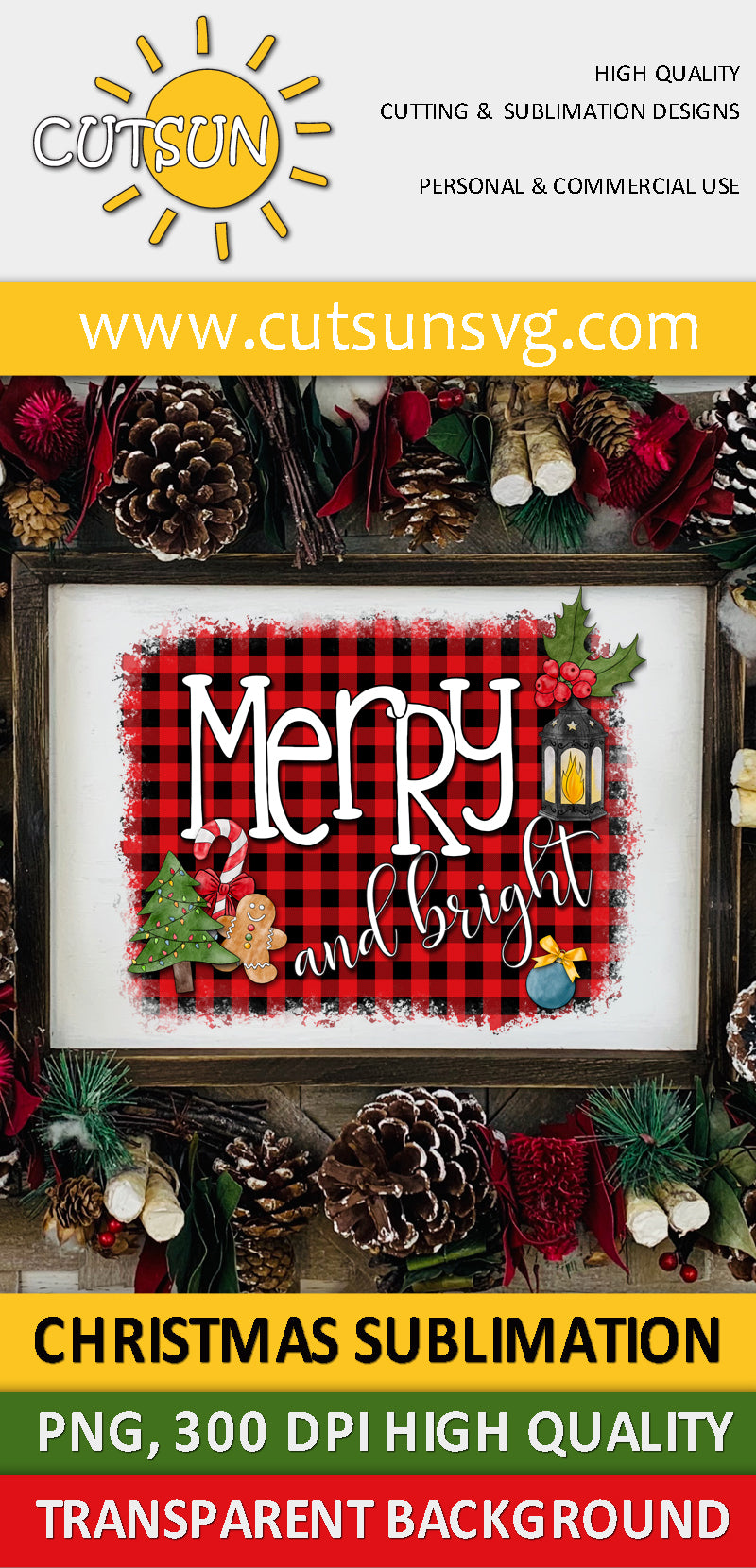 Merry And Bright Christmas sublimation design on a Buffalo plaid background