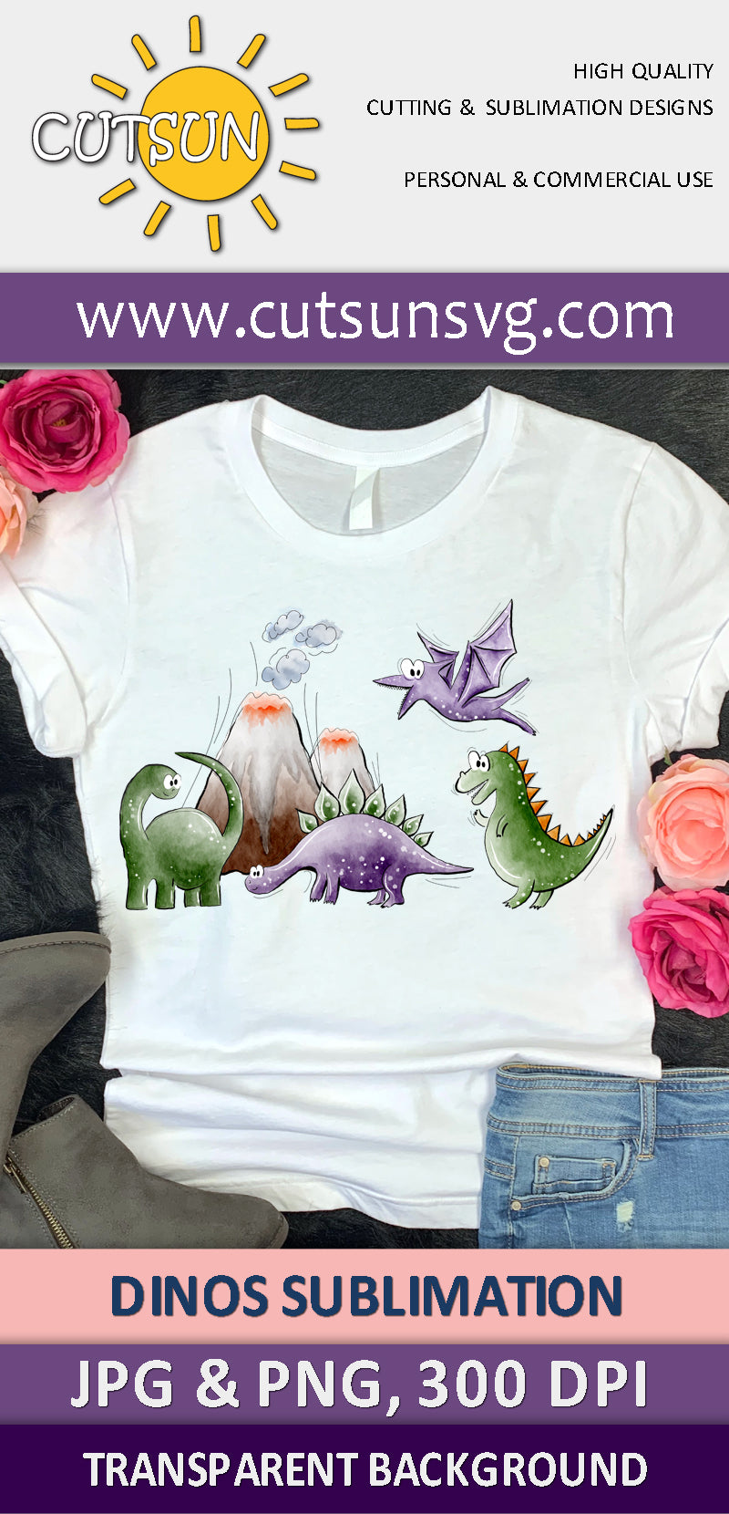 Dinos sublimation design | Cute Dinosaurs clipart