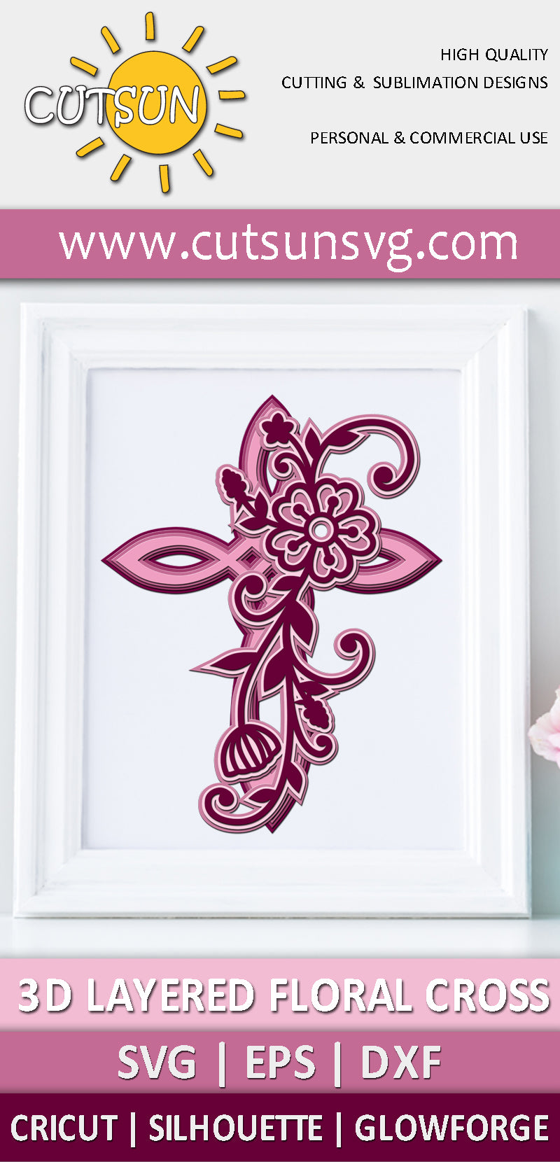 3D Layered Floral Cross SVG