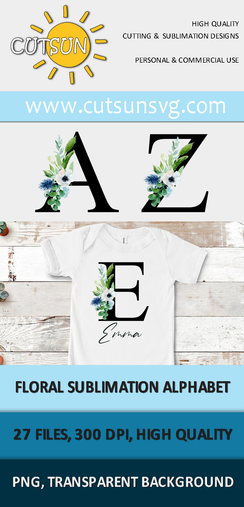 Floral Alphabet Sublimation bundle - Black